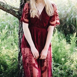 Honey Punch Lace Burgundy Maxi Dress